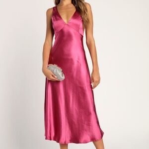 Lulus Incredible Love Magenta Satin Cowl Back Midi Slip Dress Pink - Size XS